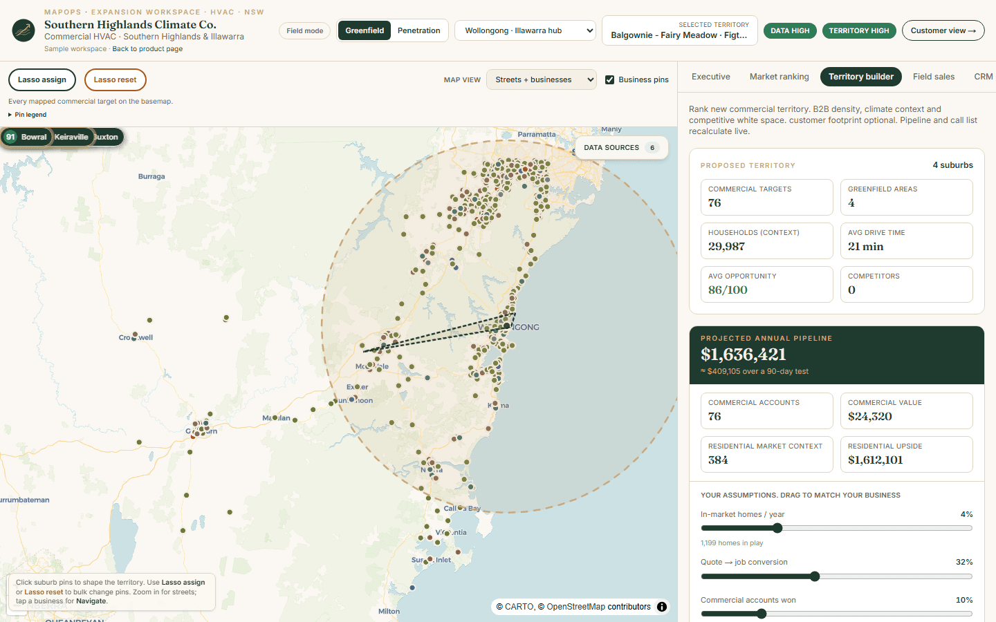 Street map business popup with navigate, outreach status, and rep assignment