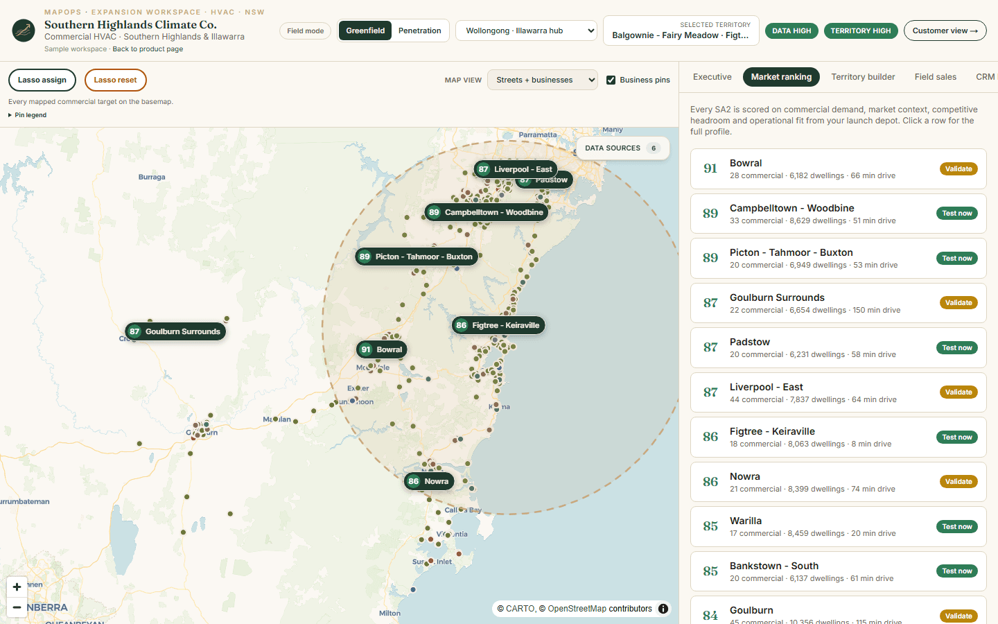 Territory map with ranked market scores and a sidebar list of top expansion areas